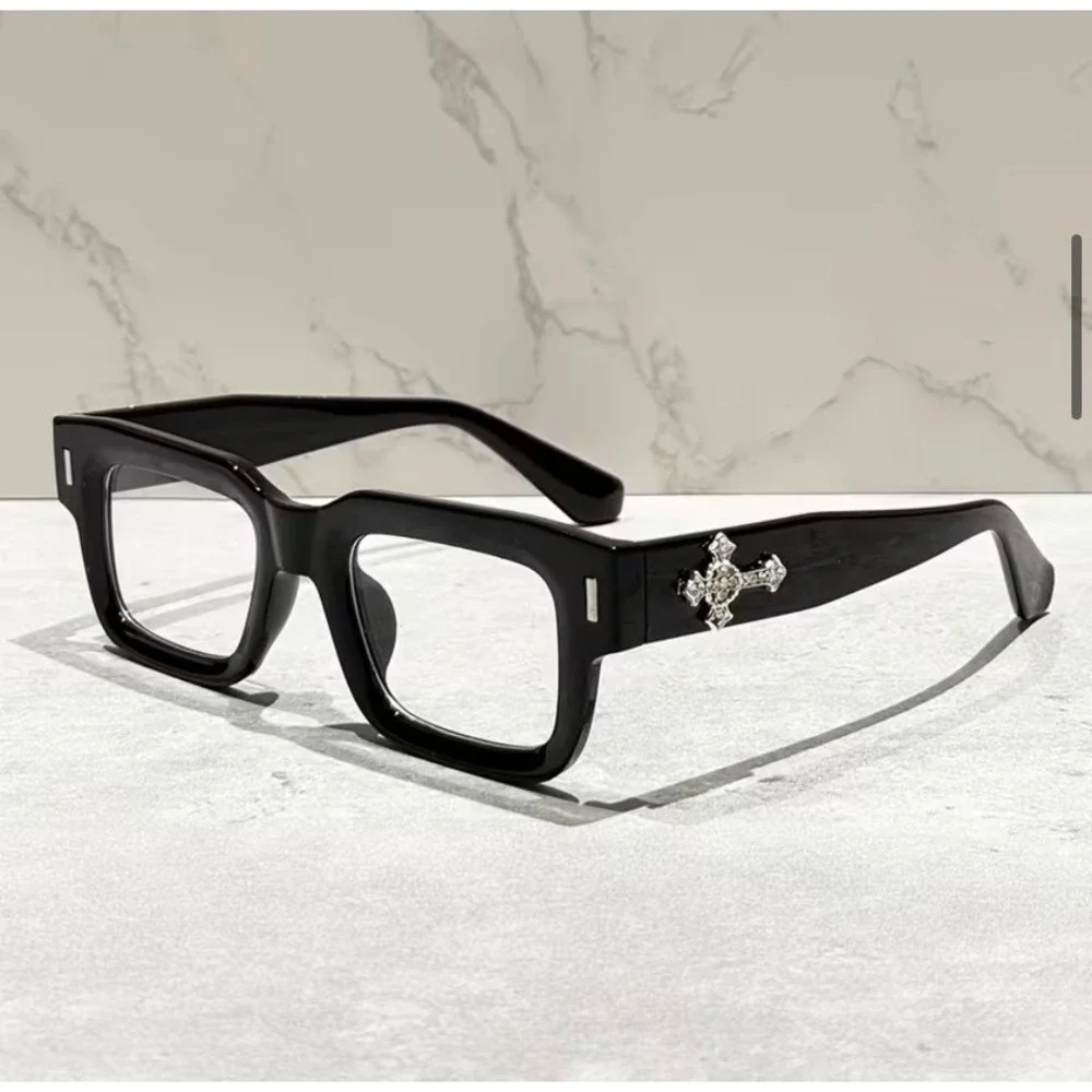 Black Crystal Cross Decor Fashion Glasses Rectangular Clear Lens
